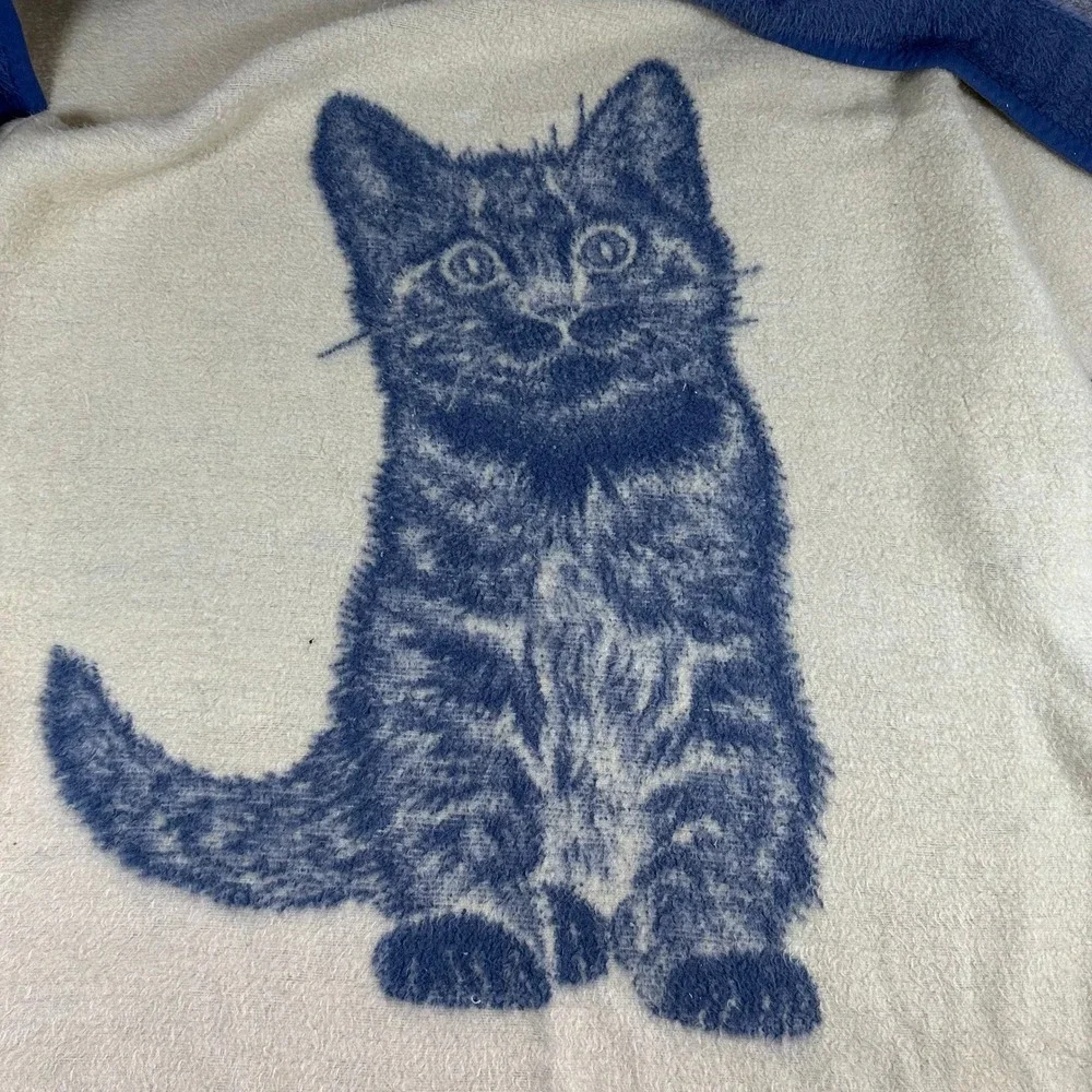 VTG Biederlack Cat Fleece‎ Blanket Throw Blue Cream Reversible Kitten 46x56